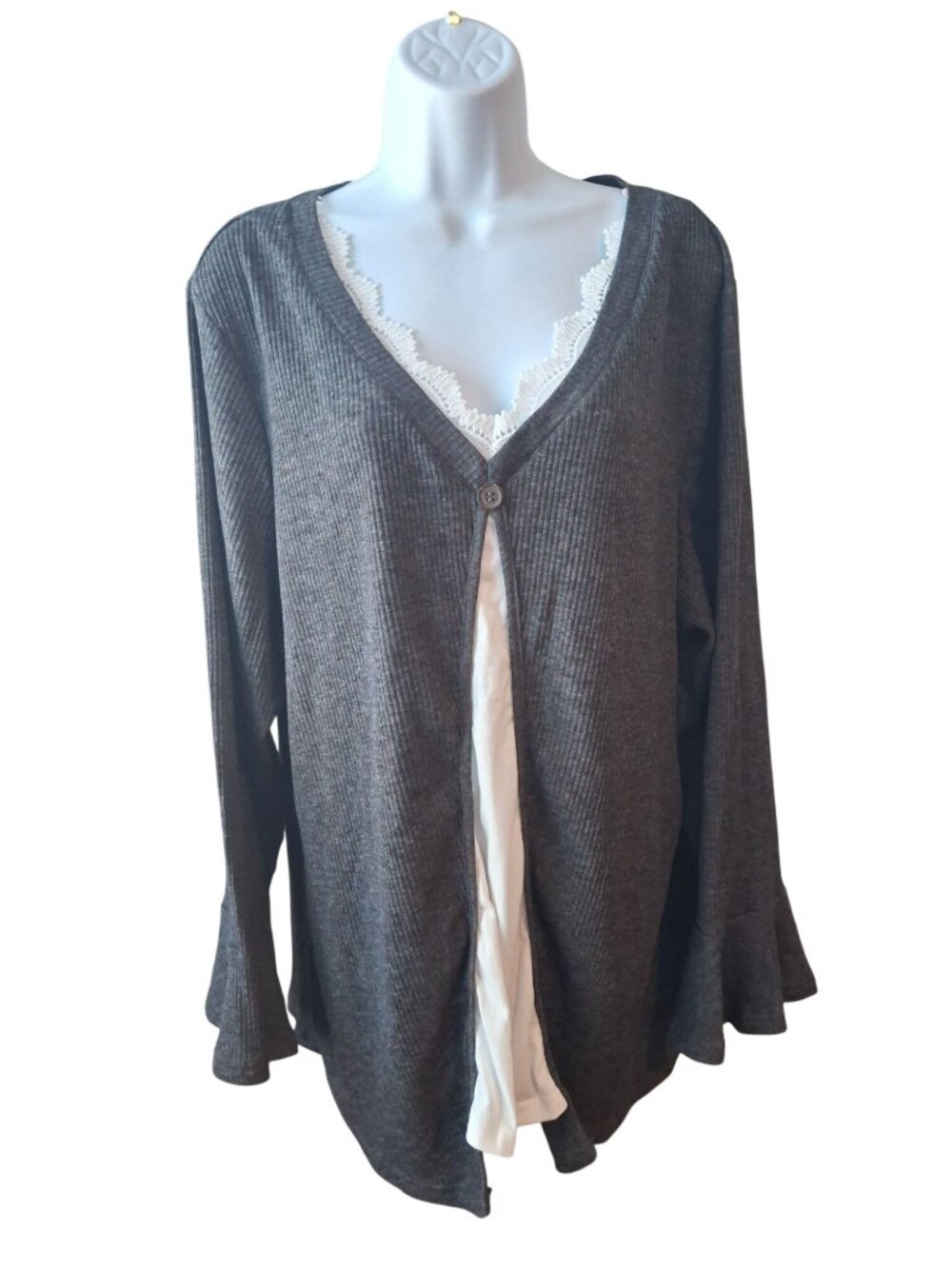 BloomChic Knit Cardigan 2XL Gray Rib Boho Soft Girl Cozy Lounge Plus
